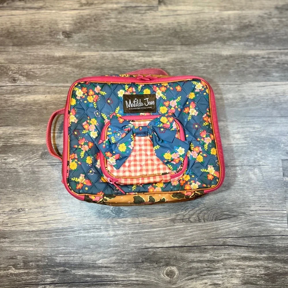 Matilda Jane Quilted Insulated Lunch Box Floral Bow Pink Gingham Kids Lunch Tote